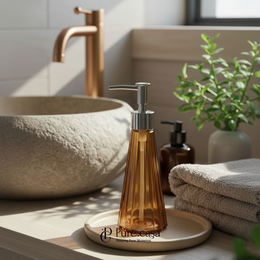 Glass Amber Fluted Soap Dispenser